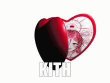 a heart shaped mirror with a picture of a girl and the word kith on the bottom