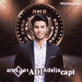 a man in a suit is standing in front of a gold coin that says ams