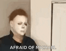 a person wearing a michael myers mask is standing next to a door and says `` afraid of michael '' .