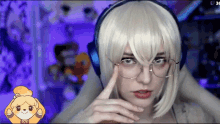 a woman wearing a wig and glasses is looking at the camera
