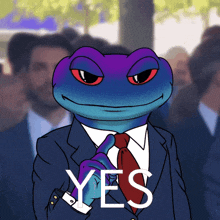 a blue frog in a suit and tie says yes