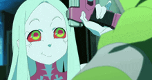 a cartoon character with white hair and green eyes is holding a pink object .