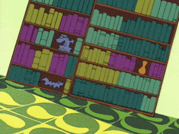 Secret Squirrel and Morocco Mole enter via bookcases