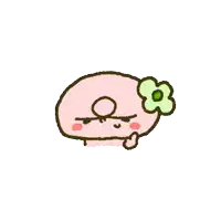 a pink cartoon character giving a thumbs up with a green flower in his hair