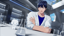 a man in a lab coat sits at a table