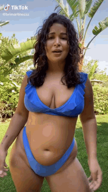 a woman in a blue bikini is standing in the grass in front of palm trees .