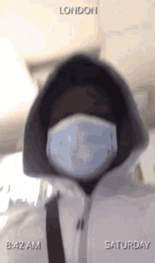 a man wearing a mask and a hoodie is taking a picture of himself .