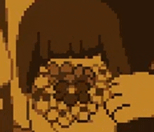 a close up of a pixel art of a person 's face with a flower in it .