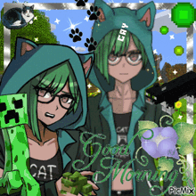 a girl with green hair is holding a creeper and a cat shirt