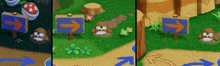 three pictures of a video game with arrows pointing to different directions