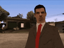a man in a suit and tie is standing in front of a garage