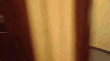 a person is standing in front of a window in a room with a yellow curtain .