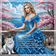 a woman in a blue dress sits next to a white cat