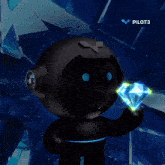 a black robot is holding a diamond in front of a pilot 3 logo