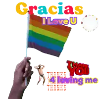 a hand holding a rainbow flag with the words " gracias i love u " on it