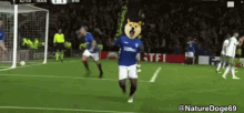 a soccer player wearing a doge headband is running on the field