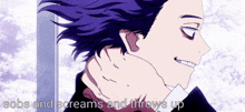 a picture of a man with the words sobs and screams and throws up below him
