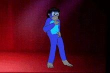 a cartoon character in a blue jumpsuit is standing on a red background