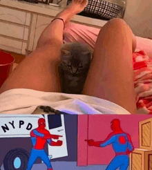 a picture of a woman 's legs next to a picture of spider-man pointing at something