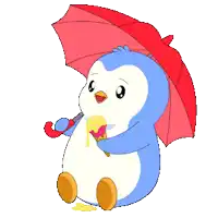a penguin holding a red umbrella and eating an ice cream cone