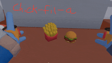 a chick-fil-a sign with a hamburger and french fries