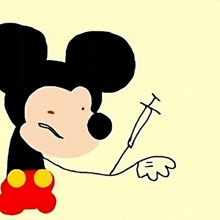 a drawing of mickey mouse with a needle in his arm