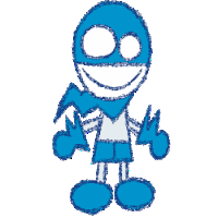 a blue cartoon character with white eyes and a smile