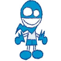 a blue cartoon character with white eyes and a smile