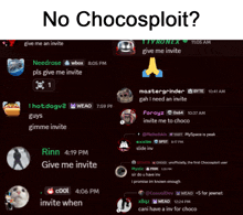 a screenshot of a chat with the words " no chocosploit "