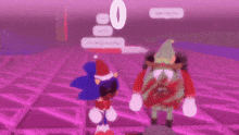 sonic the hedgehog is wearing a santa hat and standing next to a cartoon character .