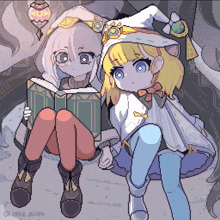 a pixel art drawing of a girl reading a book next to another girl