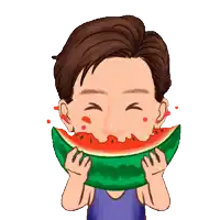 a cartoon of a man eating a slice of watermelon with his eyes closed