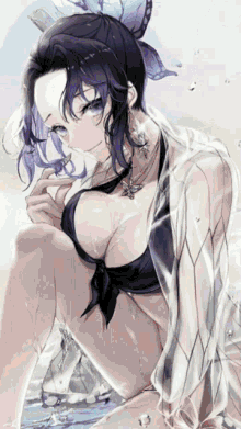 a drawing of a girl in a bikini with purple hair