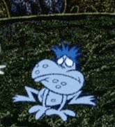 a cartoon frog with a blue mohawk is laying in the grass