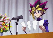 a cartoon character is reading a paper in front of a microphone