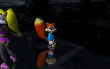 a couple of cartoon characters standing next to each other in a dark room