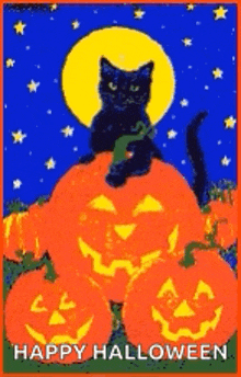a black cat is sitting on top of a pile of pumpkins on a halloween card .