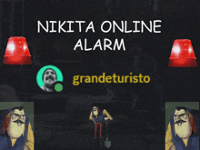 a poster that says ' nikita online alarm ' in white letters