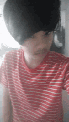a boy wearing a red and white striped shirt is taking a selfie