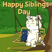a cartoon of a tiger and a bird on a swing with the words happy siblings day below them
