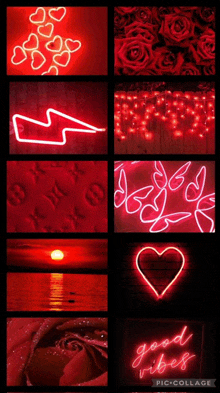 a collage of red neon lights including a lightning bolt and a heart .