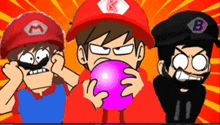 three cartoon characters with one wearing a red hat with the letter b on it