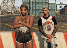 a man and a woman are standing next to each other and the man is wearing a liberty jersey