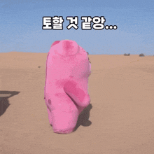 a pink teddy bear is standing in the middle of a desert with chinese writing on it .