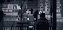 a pixel art of a man looking out a window at a city at night