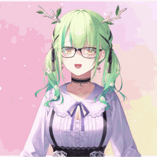 a girl with green hair and glasses is wearing a choker