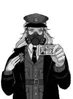 a black and white drawing of a woman in a gas mask holding a policia id card