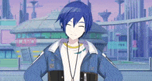 a boy with blue hair is standing with his hands on his hips in front of a city .