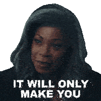 a woman with gray hair has a sticker on her face that says " it will only make you "