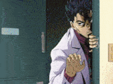 a man in a white coat is standing in a doorway .
